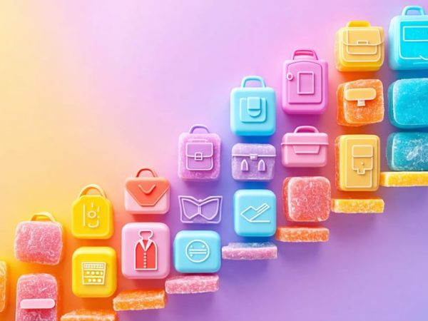 An imaginative depiction of career progression in the freeze-dried candy industry, using a trail of vibrant candies leading to symbols of professional development and advancement.