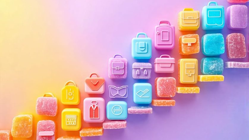 An imaginative depiction of career progression in the freeze-dried candy industry, using a trail of vibrant candies leading to symbols of professional development and advancement.