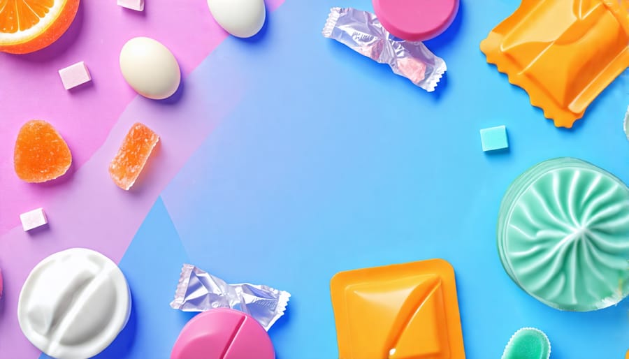 A display of various types of freeze-dried candies against a colorful background, symbolizing innovation and trends in the market