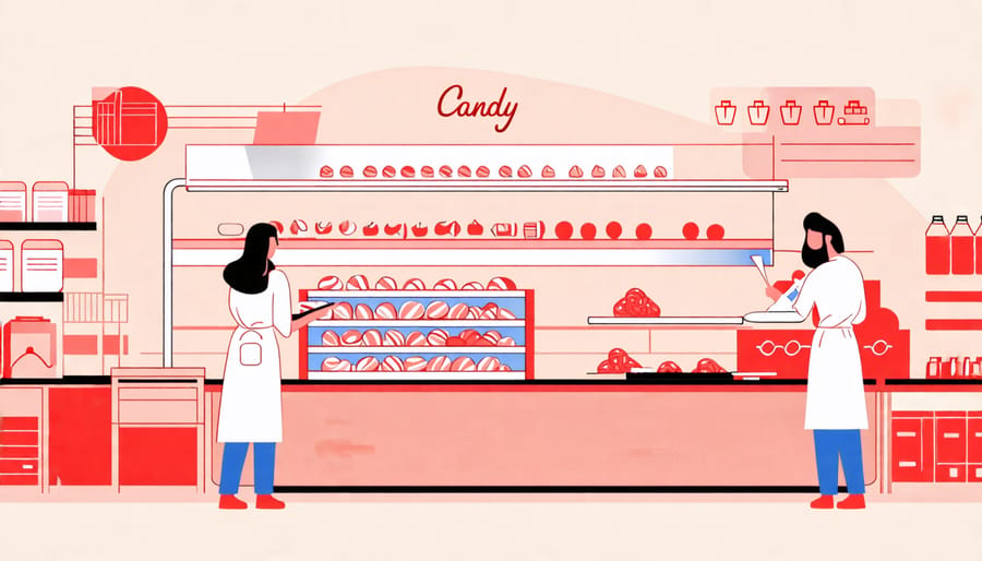 An illustrative scene depicting both technical and soft skills enhancements in a novelty candy factory setting