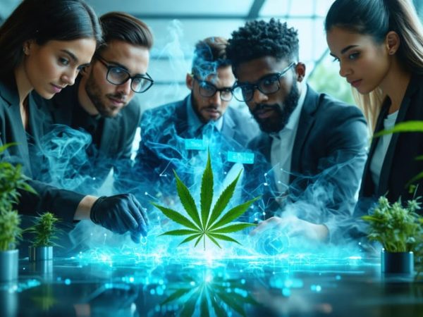 Illustration of diverse professionals collaborating on innovative cannabis product design, showcasing the intersection of technology and the cannabis industry.